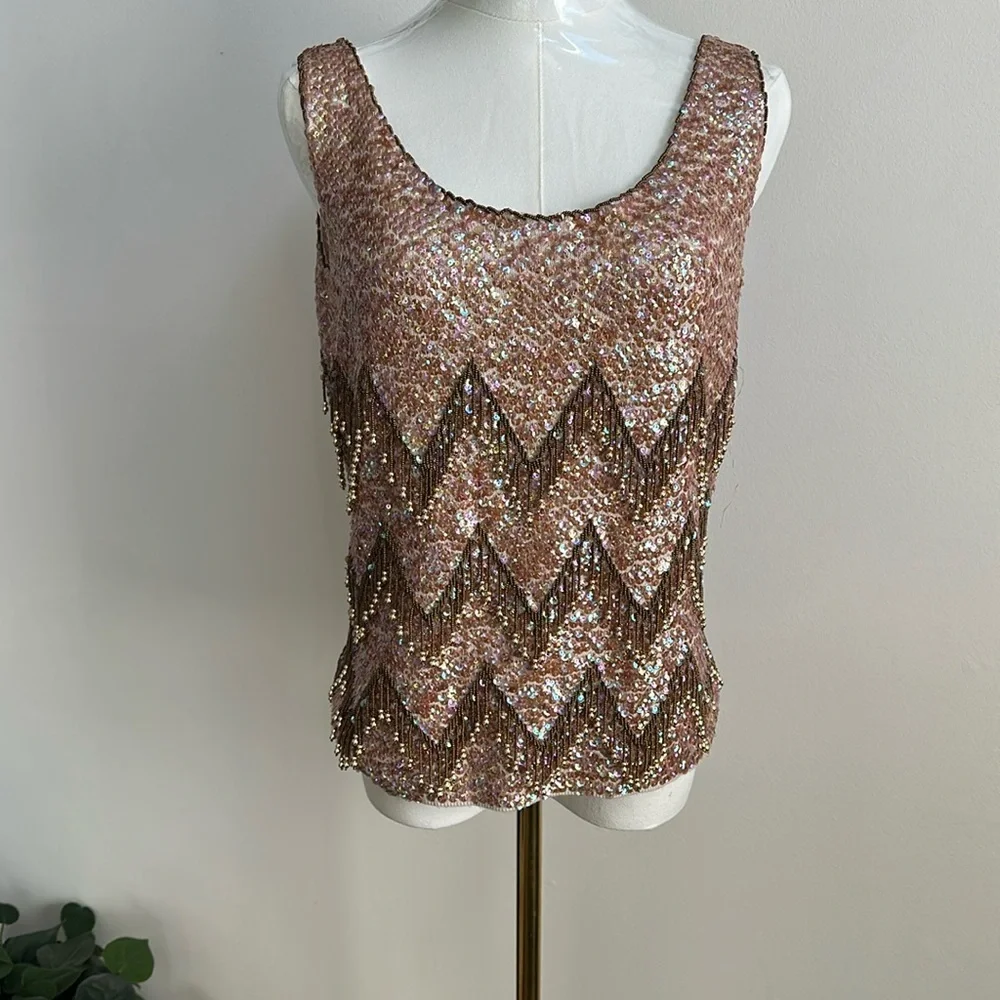 Vintage Womens Hand Beaded Wool Embellished Sleeveless Top M Glam Wearable Art - Picture 1 of 8